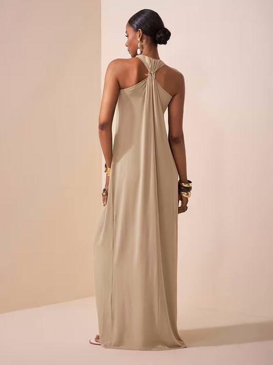 Womens Solid-Colored Halterneck Sleeveless Backless Slim-Fit Dress