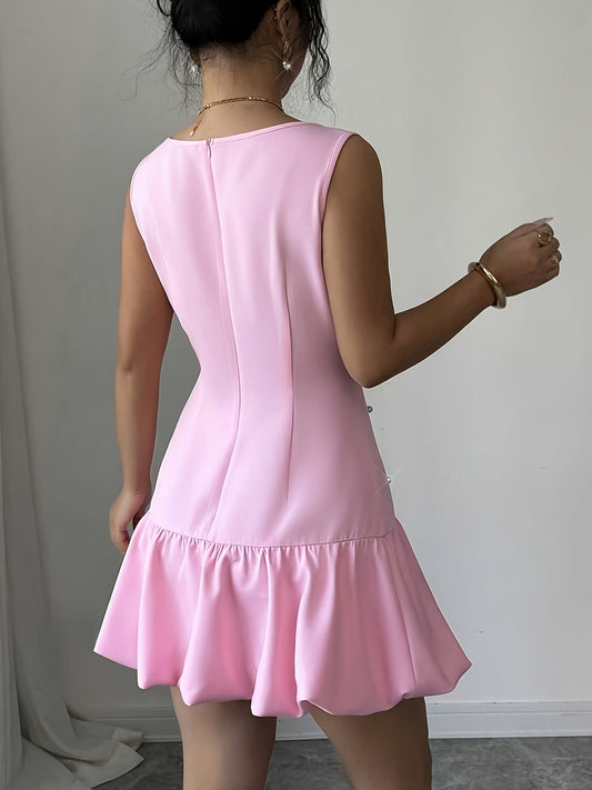 A New Spring And Summer French Elegant Mini Dress With A Round Neck And A Well-fitted Sleeveless Design, Decorated With Pearls And Bows