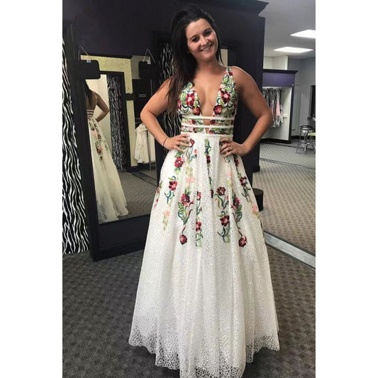 Backless Flower Decoration V-neck Sexy Formal Dress