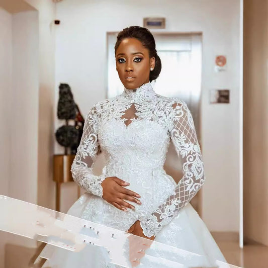 Bridal Lace Long Sleeve Stand Collar Wedding Dress