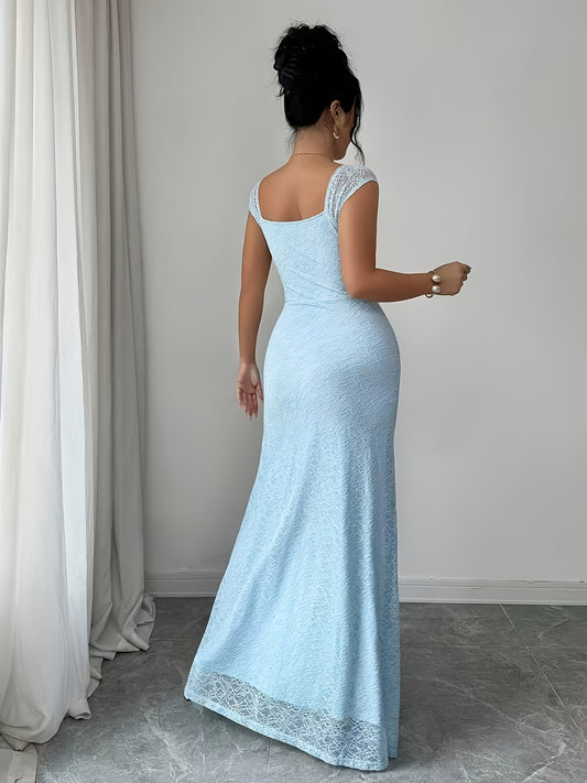 A Summer Elegant French Romantic Knitted Lace Fabric Dress With A High Slit Design And A Slim Fit