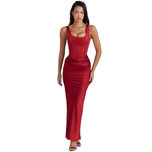 Womens Solid-Color Satin Fishbone-Style Strap Bodycon Pleated Patchwork Dress