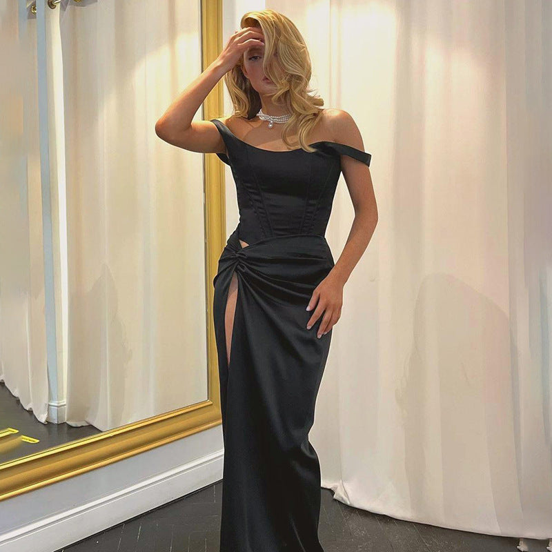 Womens Elegant Twist-Neck Formal Dress With A Slit Long Style