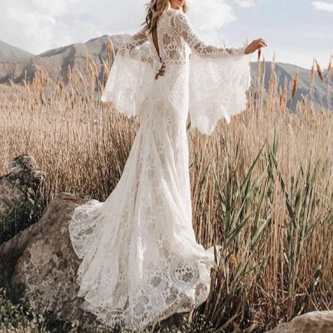 Bell Sleeve Lace Backless Bridal Light Wedding Dress