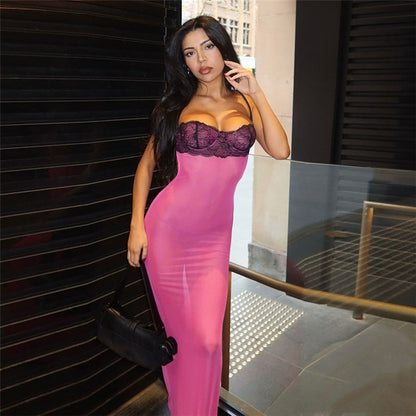 Womens Color-Block Lace Design Backless Sheer Slip Dress