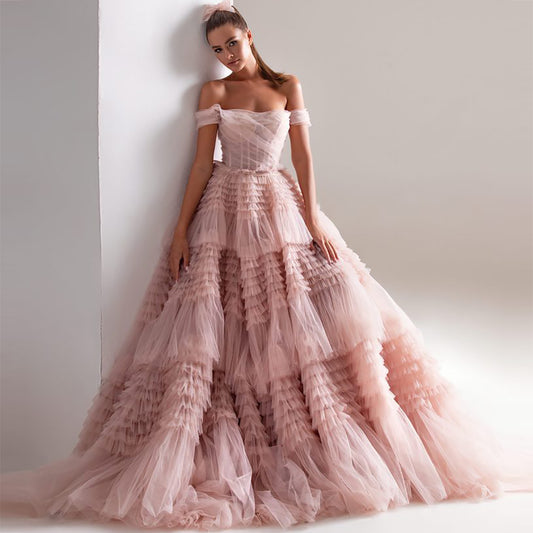 Bridal formal One Line Neck Lacquer Mesh Dress
