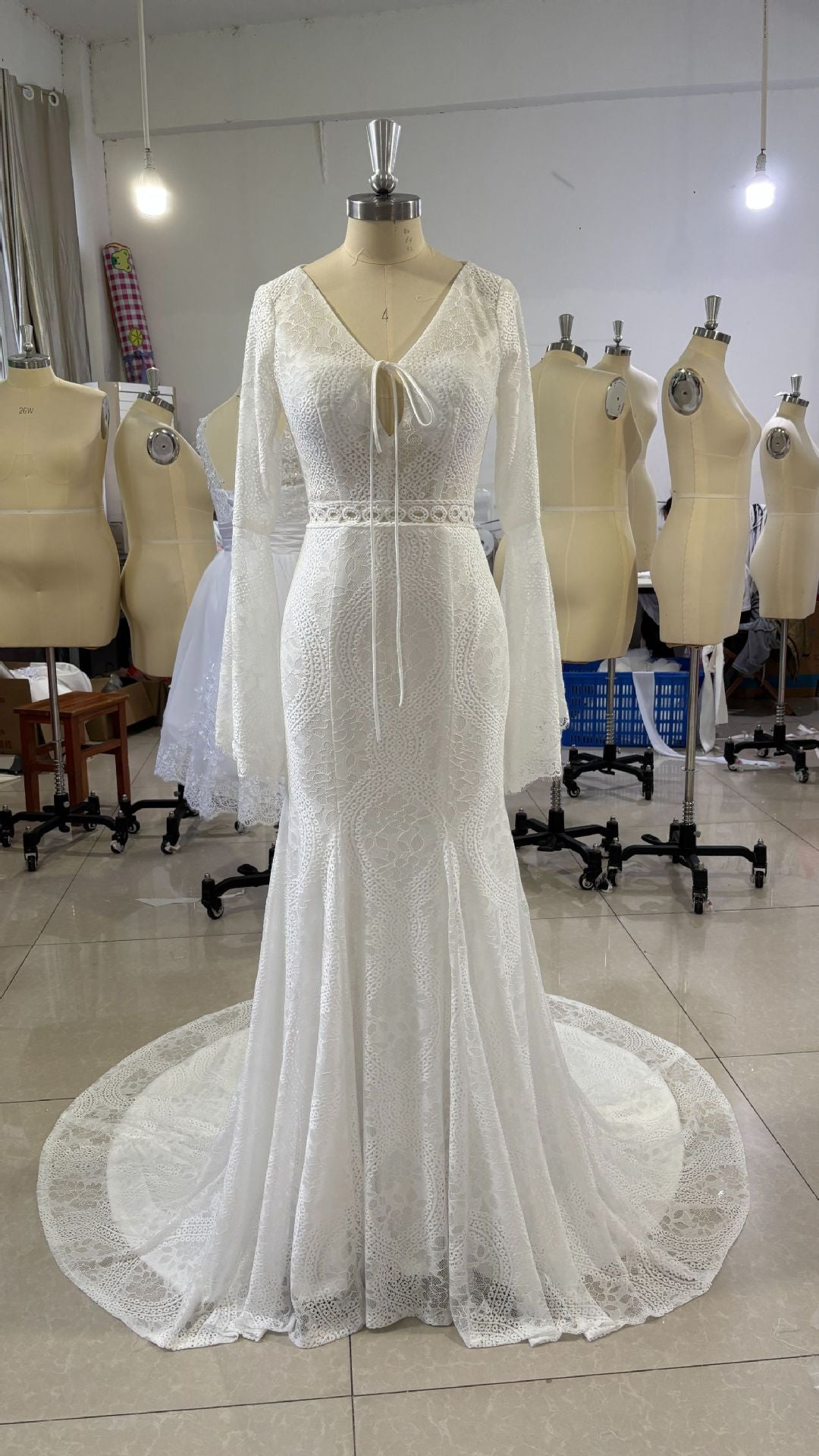Bell Sleeve Lace Backless Bridal Light Wedding Dress