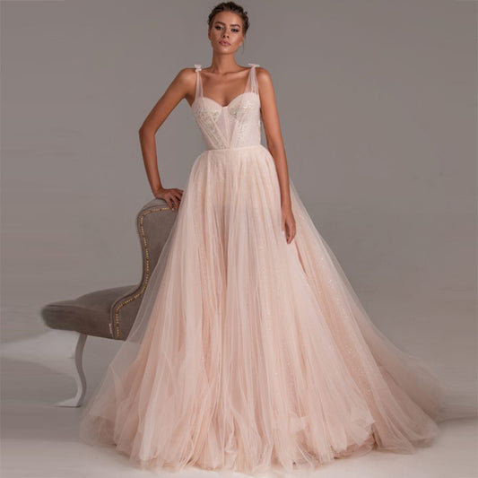 Champagne Colored Formal Ball Gown Wedding Dress With Straps