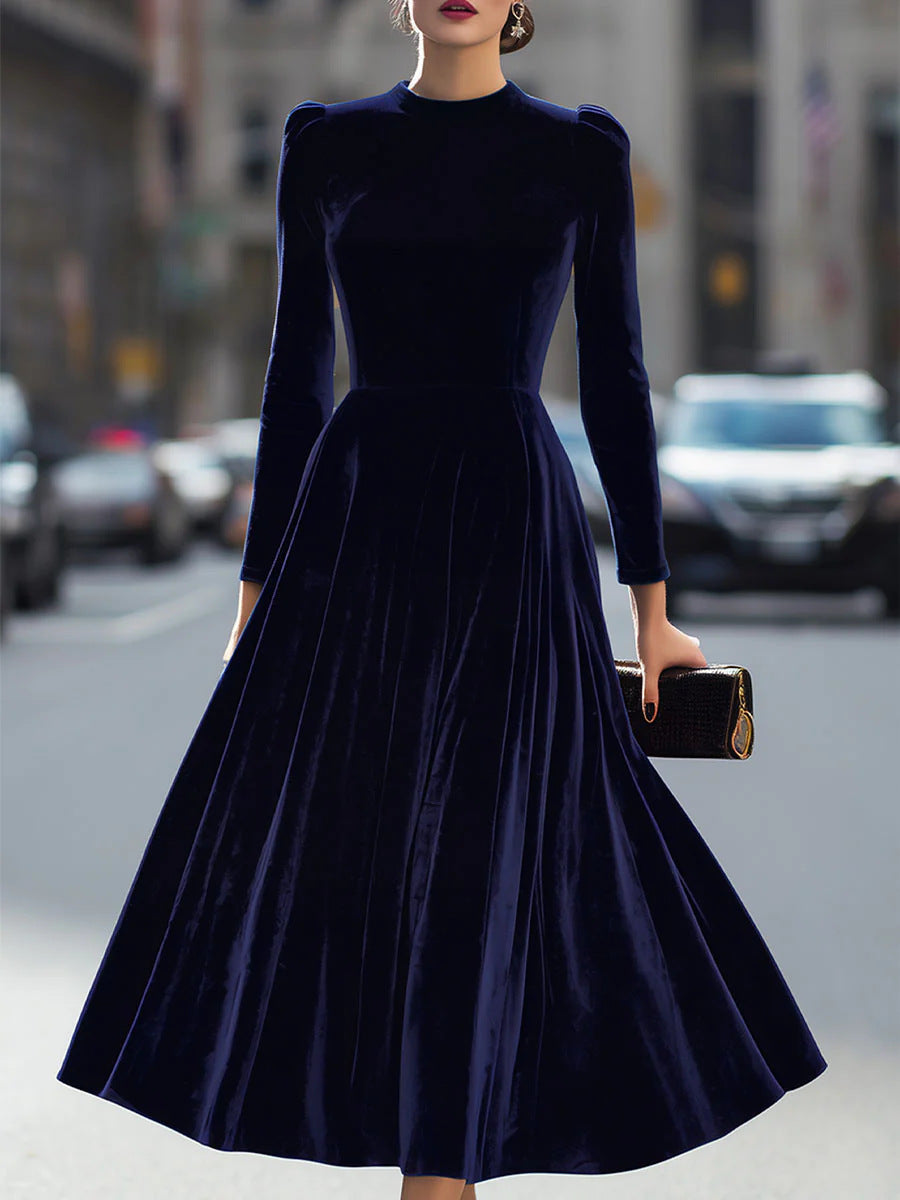 Womens Solid-Colored Casual Velvet Crew-Neck Long-Sleeve Dress