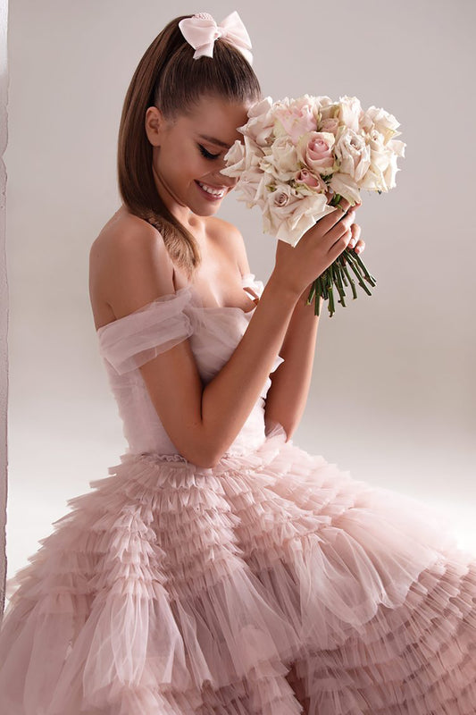 Bridal formal One Line Neck Lacquer Mesh Dress
