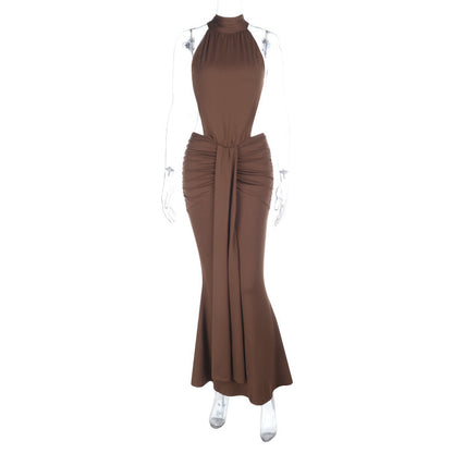Beach Vacation Halter Neck Backless Evening Dress Womens