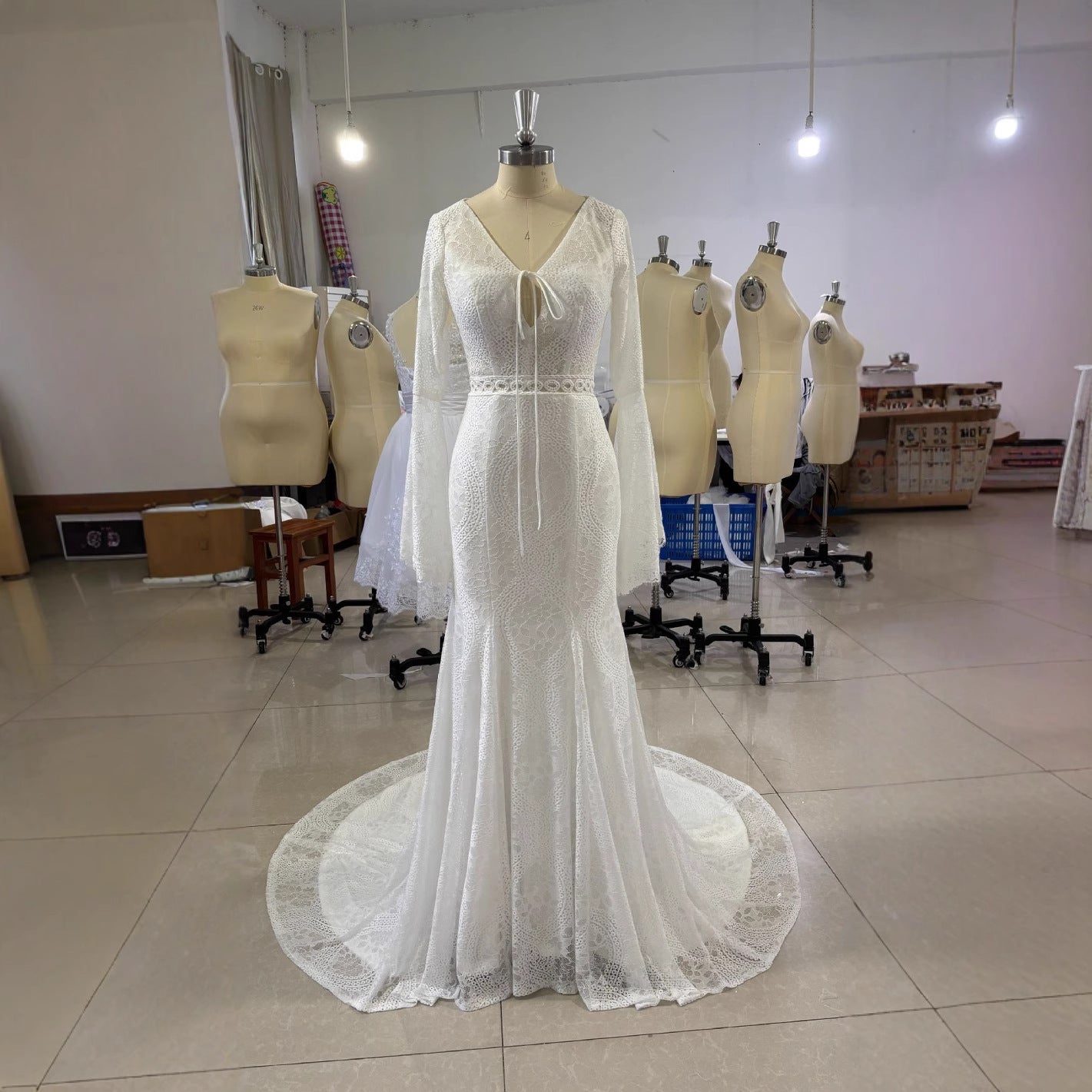 Bell Sleeve Lace Backless Bridal Light Wedding Dress