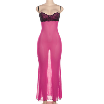 Womens Color-Block Lace Design Backless Sheer Slip Dress