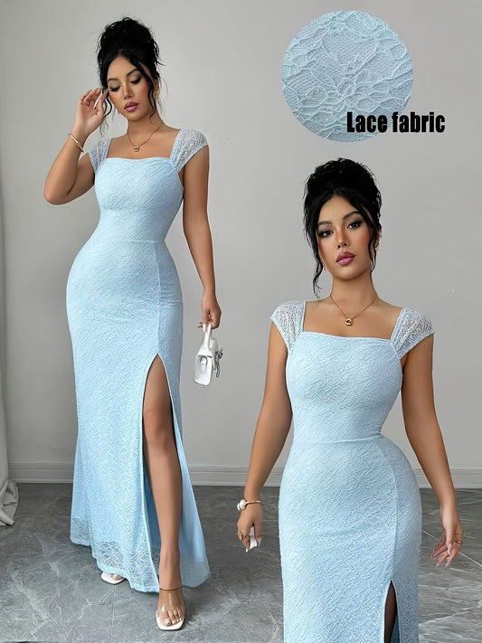 A Summer Elegant French Romantic Knitted Lace Fabric Dress With A High Slit Design And A Slim Fit