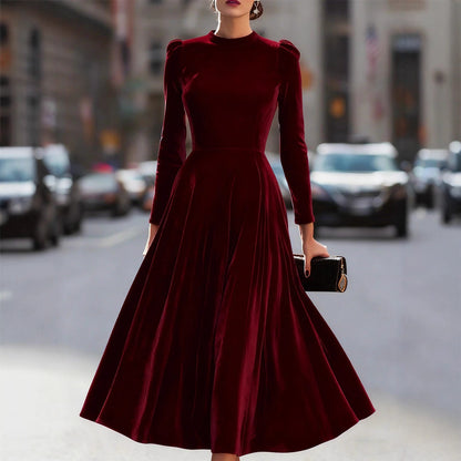 Womens Solid-Colored Casual Velvet Crew-Neck Long-Sleeve Dress