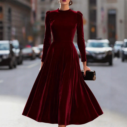 Womens Solid-Colored Casual Velvet Crew-Neck Long-Sleeve Dress