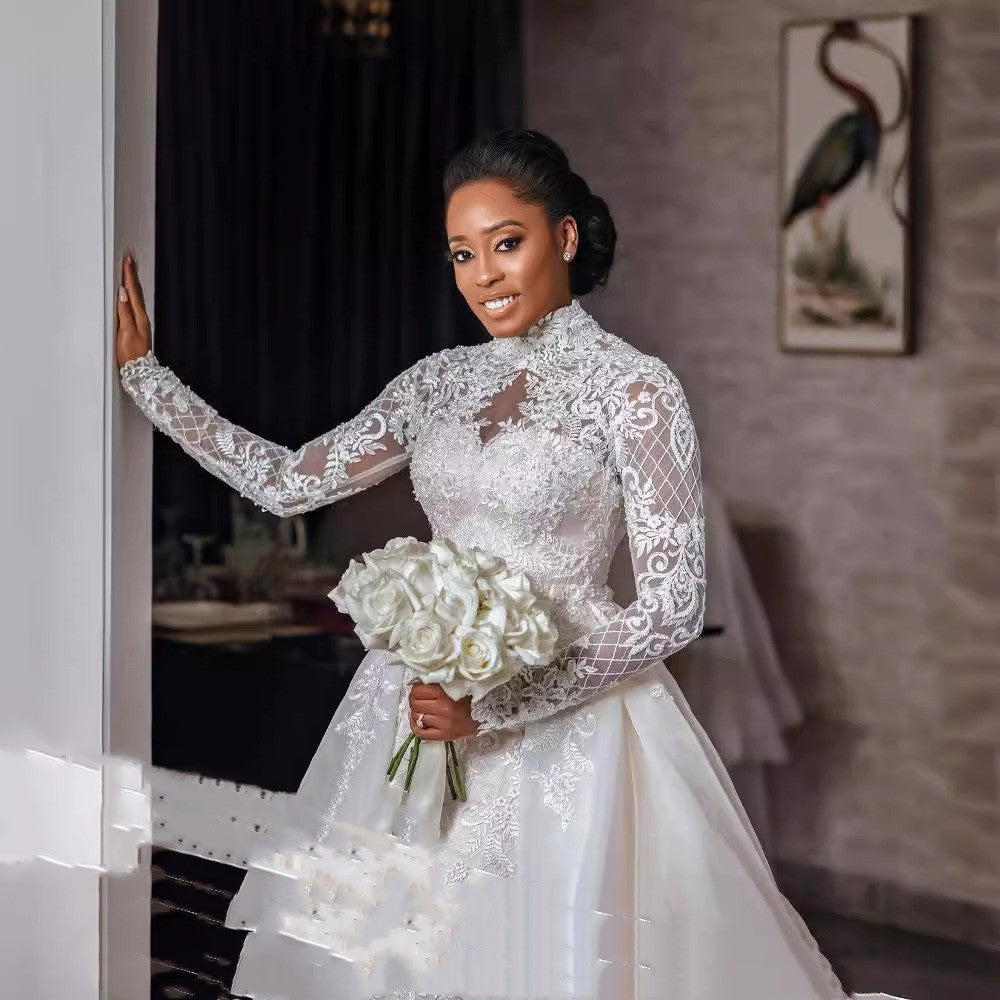 Bridal Lace Long Sleeve Stand Collar Wedding Dress