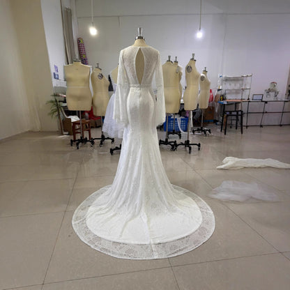 Bell Sleeve Lace Backless Bridal Light Wedding Dress