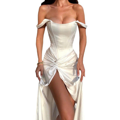 Womens Elegant Twist-Neck Formal Dress With A Slit Long Style