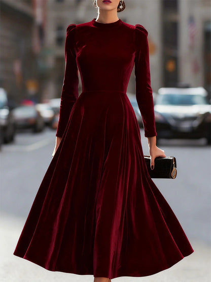 Womens Solid-Colored Casual Velvet Crew-Neck Long-Sleeve Dress