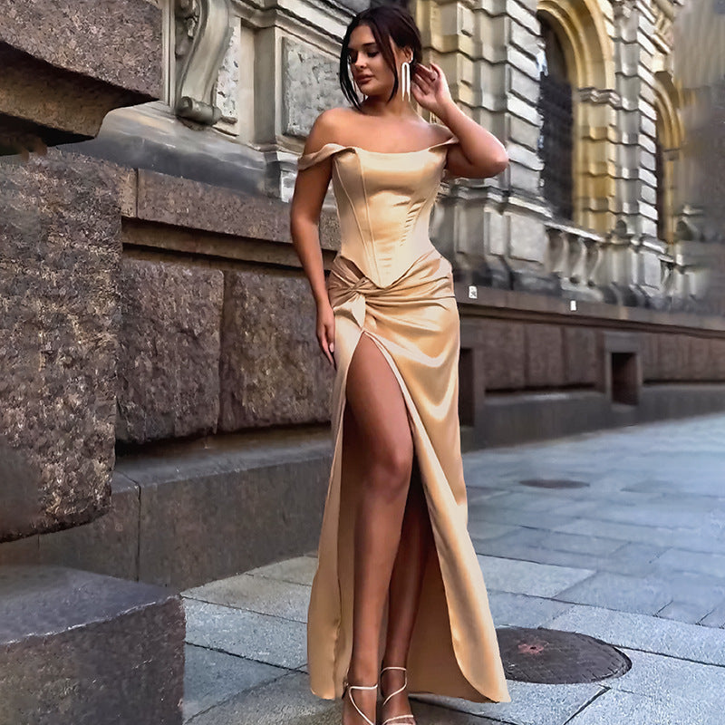 Womens Elegant Twist-Neck Formal Dress With A Slit Long Style