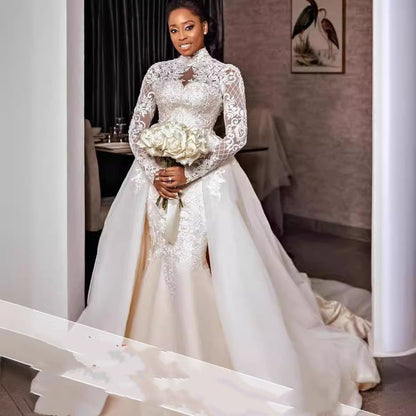 Bridal Lace Long Sleeve Stand Collar Wedding Dress