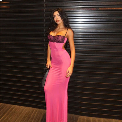 Womens Color-Block Lace Design Backless Sheer Slip Dress