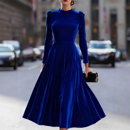 Womens Solid-Colored Casual Velvet Crew-Neck Long-Sleeve Dress
